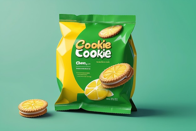 Design de embalagem de biscoitos de sanduíche embalagem de alimentos em saco de alumínio com sabor a limão isolado em fundo verde