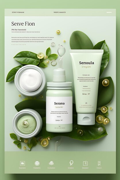 Design de embalagens frescas e limpas para cuidados com a pele com um cartaz web branco e verde