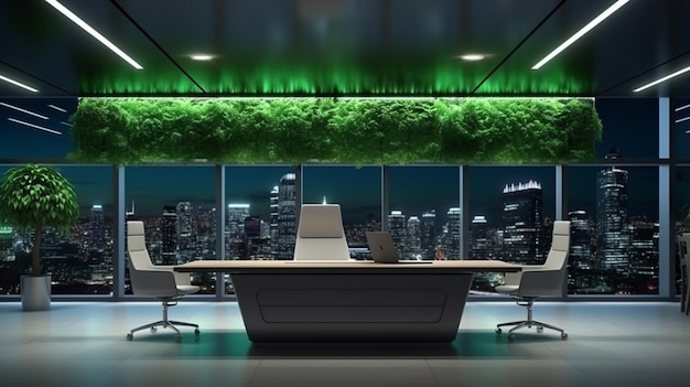 Design de escritório interior futurista com planta de parede verde e bela vista noturna da paisagem urbana