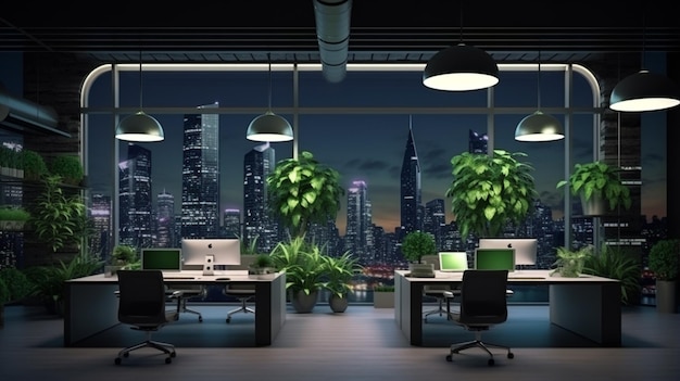 Design de escritório interior futurista com planta de parede verde e bela vista noturna da paisagem urbana