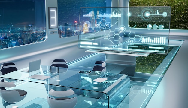 Design de escritório interior futurista de ficção científica moderno com planta de parede verde e bela vista da paisagem urbana da cena noturna. renderização em 3D