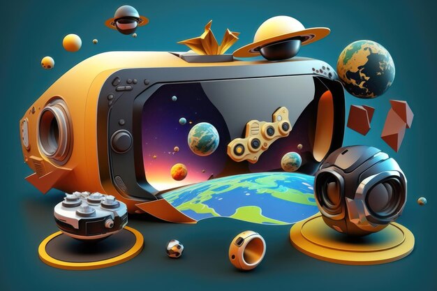 Design de espaço com planetas 3D realistas e asteróides espaciais e cometas, óculos virtuais e gamepad AI gerados