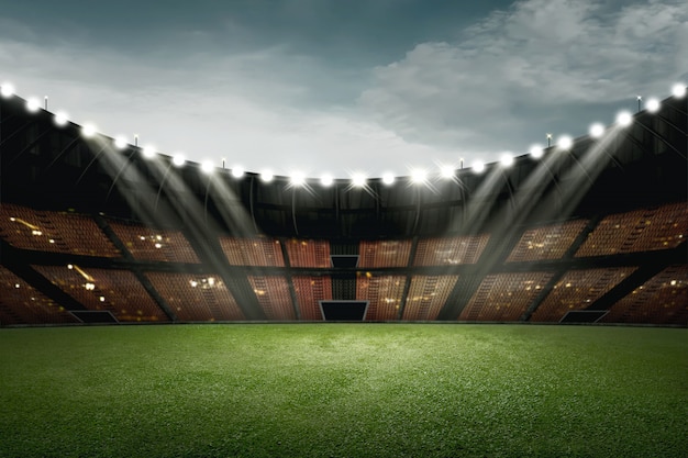 Design de estádio de futebol com grama verde e luz para iluminação