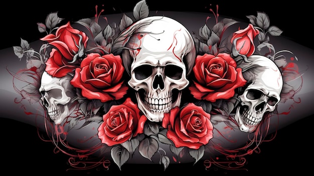 Foto design de estilo de tatuagem nervoso com caveiras e rosas