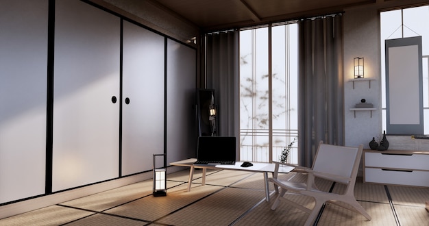 Design de exibição de gabinete de madeira no quarto japonês minimalista living roon unterior, renderização em 3D