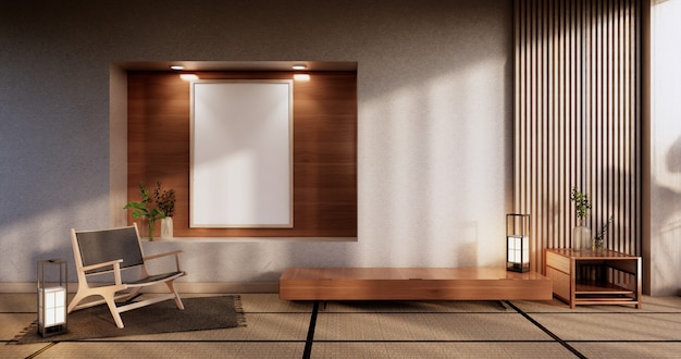 Design de exibição de gabinete de madeira no quarto japonês minimalista living roon unterior, renderização em 3D