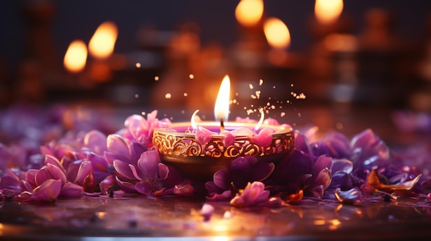 Design de feriado do festival de Diwali Vela de Diwali com fumaça em fundo roxo visão realista