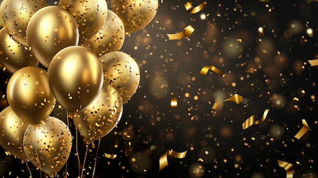 Design de fundo de balões dourados de aniversário Feliz aniversário balão dourado e elemento de decoração de confete para design de cartão de celebração de dia de nascimento