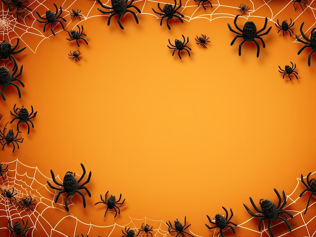 Design de fundo de Halloween com aranhas e teias de aranha em laranja