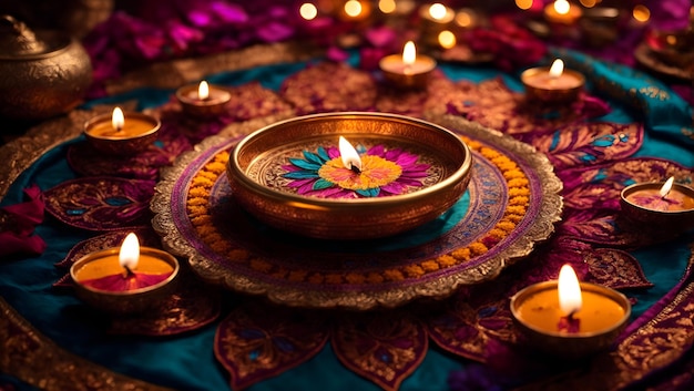 Design de fundo Diwali com lâmpada diya apresentando um caleidoscópio de cores e padrões
