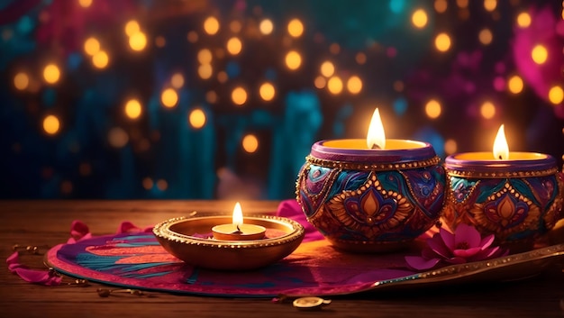 Design de fundo Diwali com lâmpada diya apresentando um caleidoscópio de cores e padrões