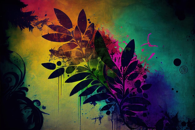 Design de graffiti grunge padrão floral escuro e colorido Generative AI