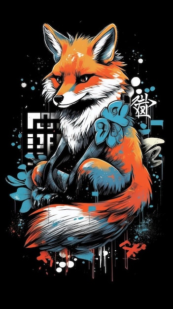 Design de grafite de raposa kitsune japonesa