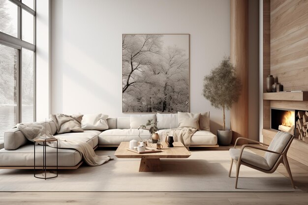 Design de interior de casa escandinava de sala de estar moderna Sala de estar interior de casa de luxo Sala de estar brilhante e aconchegante Sala de estar moderna interior tem sofá e planta