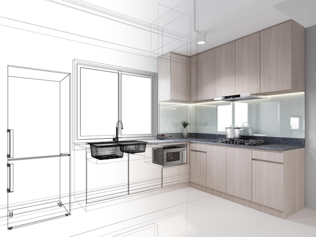 Design de interior de cozinha moderna renderização 3d