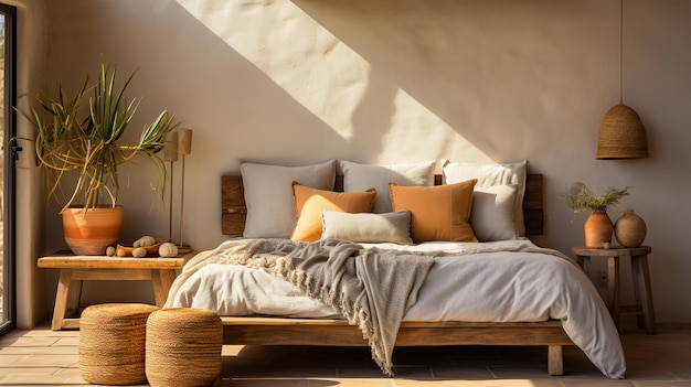 design de interior de quarto moderno com chão de madeira e parede vazia com travesseiros laranja
