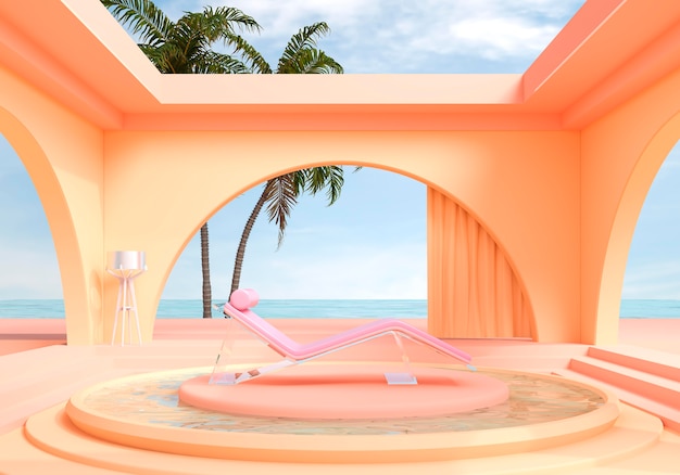 Design de interiores 3D com vista para o mar