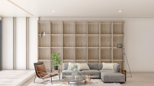 Design de interiores, a sala de estar do apartamento é de estilo moderno, luxo mínimo e armários de madeira embutidos modernos, com adereços interiores, conjunto de sofá, quadros de pôsteres de carpete, renderização em 3d, ilustração em 3d