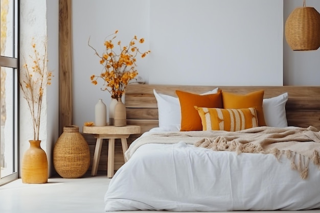 Design de interiores Almofadas marrons e laranja na cama branca no interior do quarto natural com lâmpada de vime e mesa de cabeceira de madeira com vaso