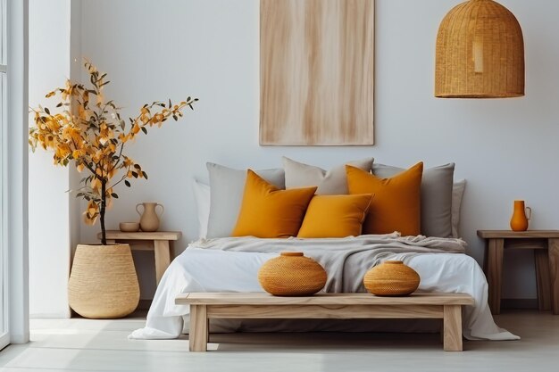 Design de interiores Almofadas marrons e laranja na cama branca no interior do quarto natural com lâmpada de vime e mesa de cabeceira de madeira com vaso