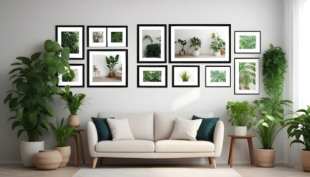 Design de interiores com molduras de fotos e plantas