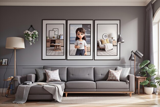 Foto design de interiores com molduras e sofá cinza
