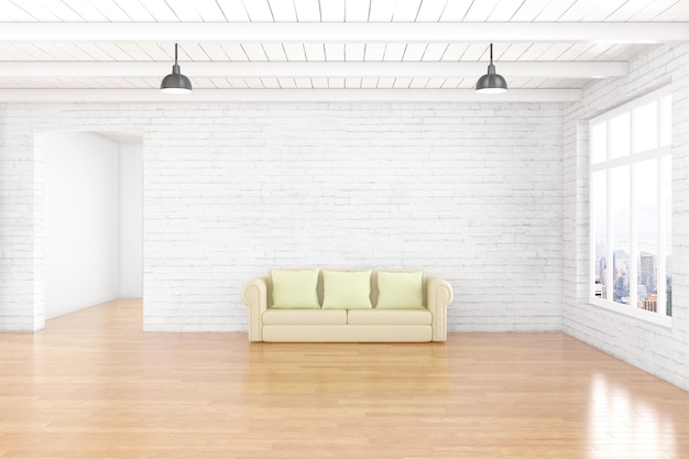 Design de interiores com parede de tijolo branco vazio, sofá de teto de madeira e janela com vista para a cidade Mock up 3D Rendering