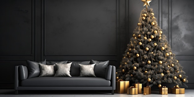 Foto design de interiores contemporâneo com uma deslumbrante árvore de natal e sofá