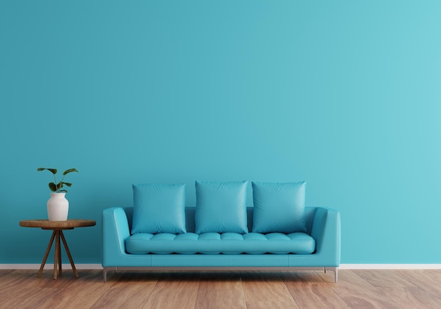 Design de interiores contemporâneo da sala de estar com um sofá azul claro com fundo azul claro