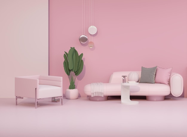 Design de interiores criativo em vivo magenta estúdio azul vermelho profundo com lâmpada e duas poltronas 3D rende