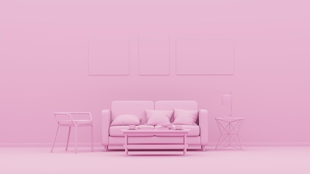 Design de interiores criativos em estúdio rosa com sofá confortável Sala de estar moderna conceito mínimo 3d render