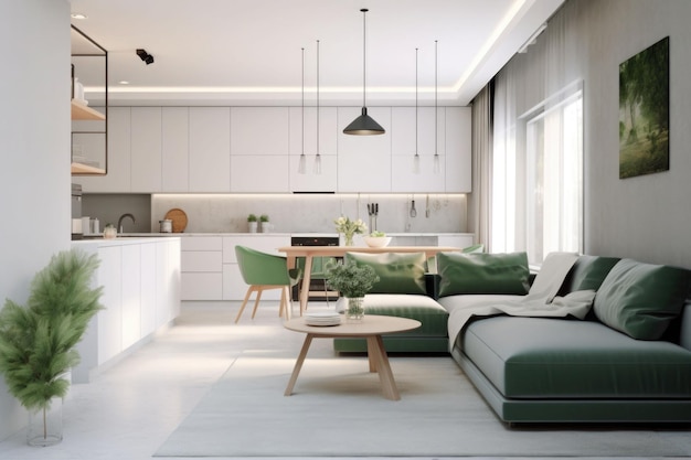 Design de interiores da cozinha e sala de estar Estilo minimalista calmo Generative AI