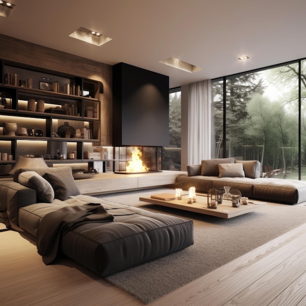 Design de interiores da moderna sala de estar em casa renderização em 3d