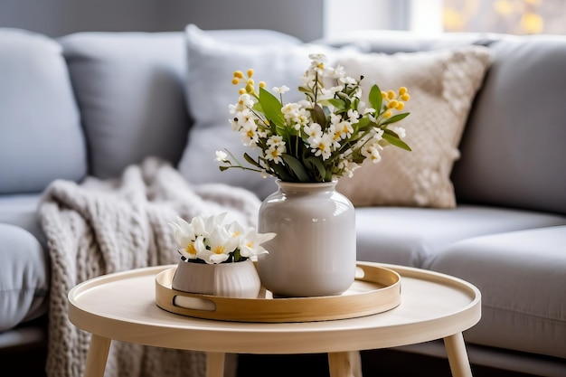 Design de interiores da sala de estar escandinava com elegante sofá cinza, mesa de centro, flores de primavera, decoração, travesseiros, bandeja xadrez e acessórios pessoais elegantes na decoração moderna da casa