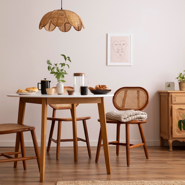 Design de interiores da sala de jantar com mesa redonda, cadeira de vime, pôster de cômoda de madeira e acessórios de cozinha Parede bege com pôster simulado Decoração da casa Modelo