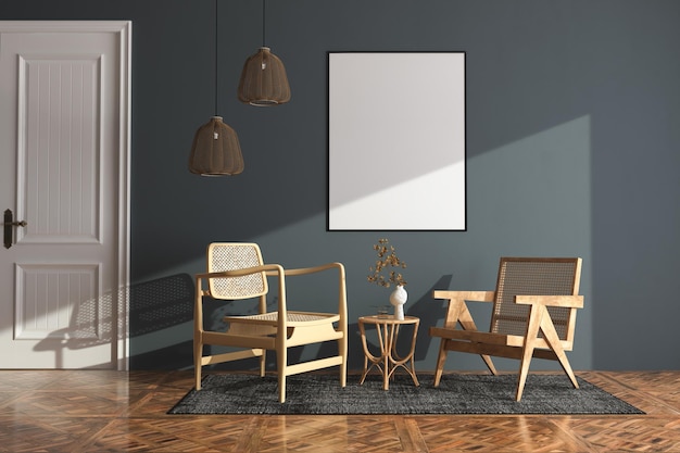 Design de interiores de acolhedora sala de estar com poltronas elegantes, mesa de café, cacto, cartaz simulado.