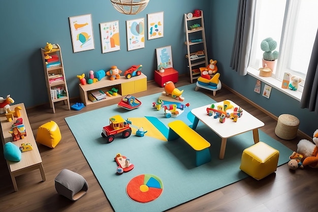 Foto design de interiores de alto ângulo com brinquedos para crianças