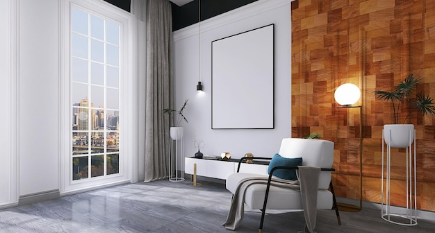 Design de interiores de apartamento moderno com cortinas de janelas de sofá de maquete de moldura de foto em branco