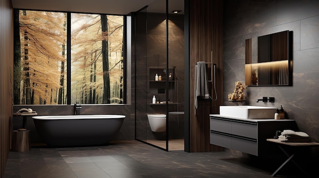 Design de interiores de banheiro com banho preto mate AI Generative AI Generative
