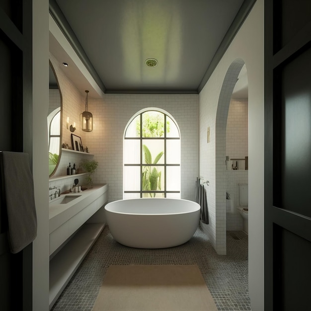 Design de interiores de banheiro elegante e minimalista Toalhas de banho e outros acessórios pessoais de banheiro