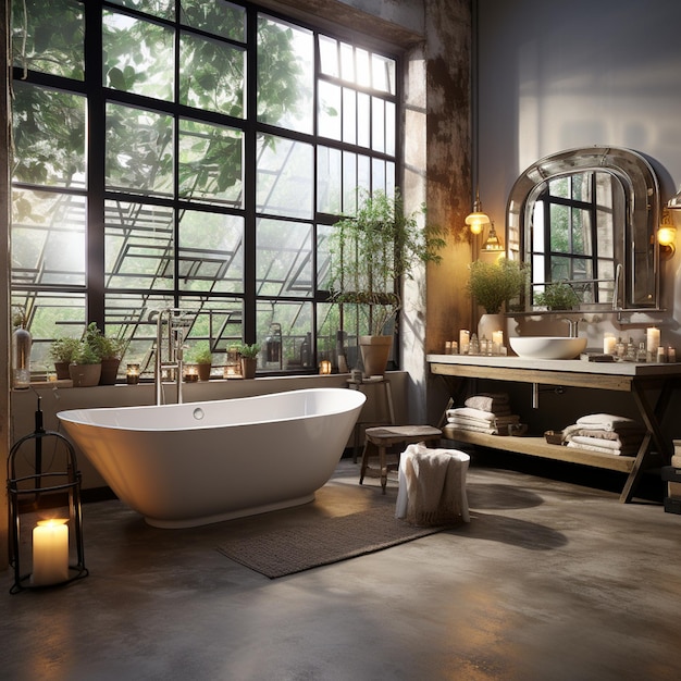 design de interiores de banheiro moderno com banheira de madeira