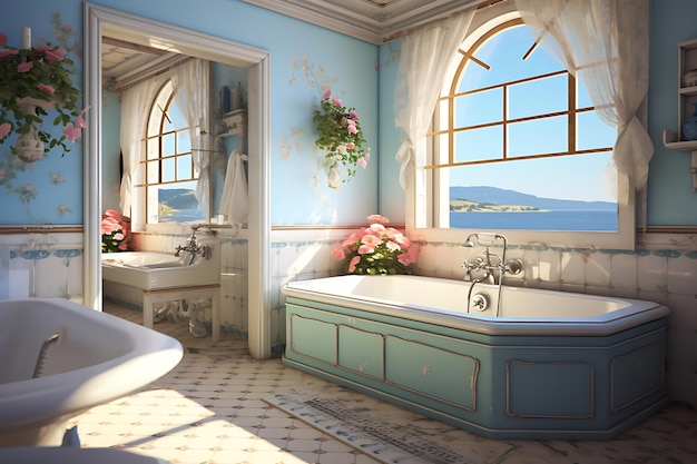 Design de interiores de banheiro vintage Renderização 3D