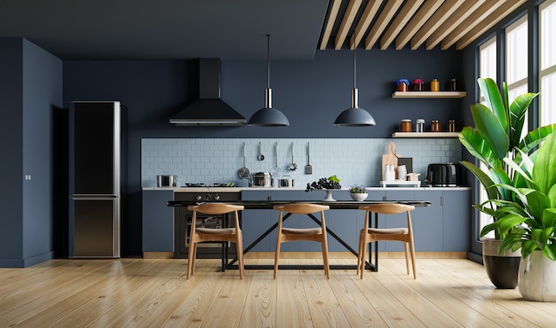 Design de interiores de cozinha de estilo moderno com renderização wall.3d em azul escuro