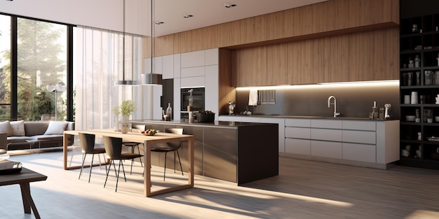 Design de interiores de cozinha elegante e moderno gerado por IA