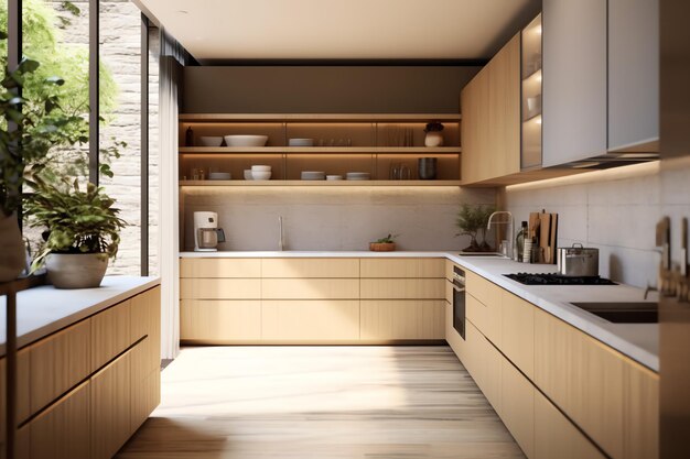 Design de interiores de cozinha moderna em apartamento ou casa com móveis de cozinha escandinava de luxo