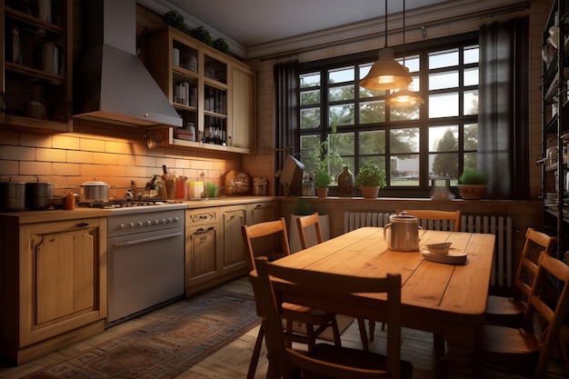 Design de interiores de cozinha moderna em apartamento ou casa com móveis de cozinha escandinava de luxo