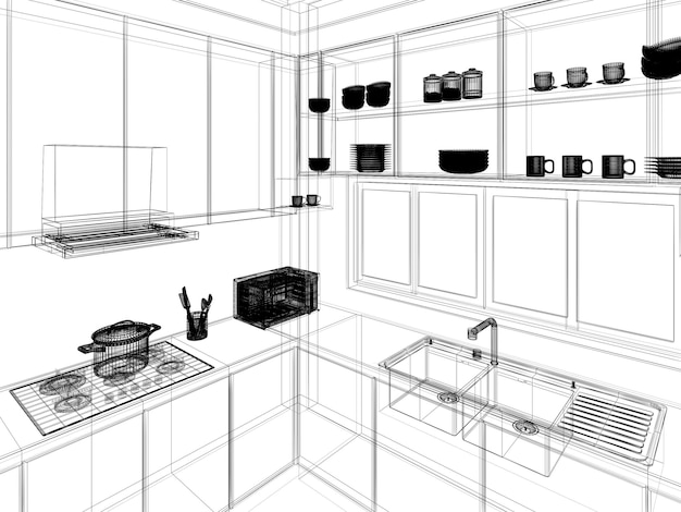 Foto design de interiores de cozinha moderna renderização 3d