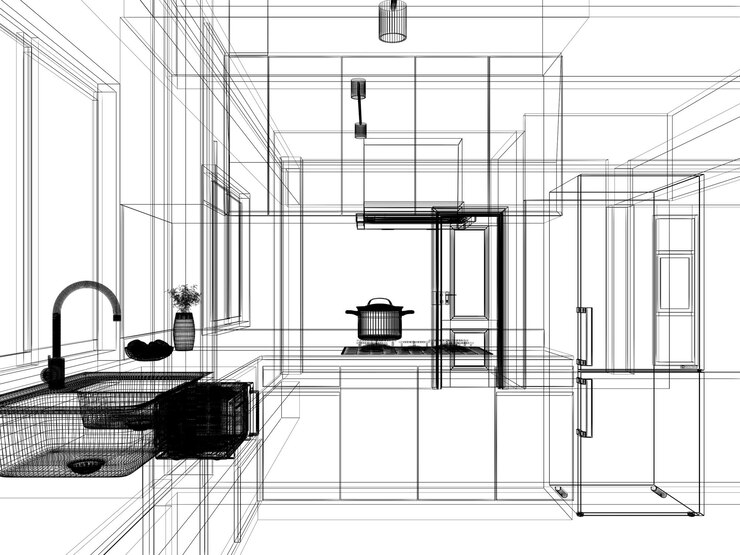 Foto design de interiores de cozinha moderna renderização 3d