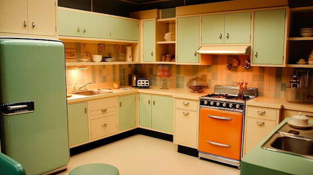 Design de interiores de cozinha no estilo dos anos 60 AI gerou ilustração digital de alta qualidade