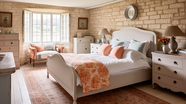 Design de interiores de decoração de quarto de chalé e cama de aluguel de temporada com roupas de cama elegantes e móveis antigos Casa de campo inglesa e ideia de estilo de fazenda